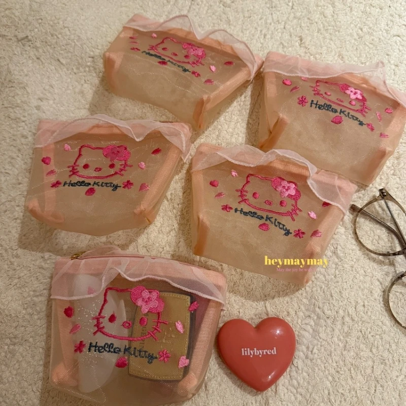 

Anime Kittys Storage Bag Cartoon Embroidery Mesh Cosmetic Bag Fashion Versatile Zipper Delicate Personality Portable Handbag