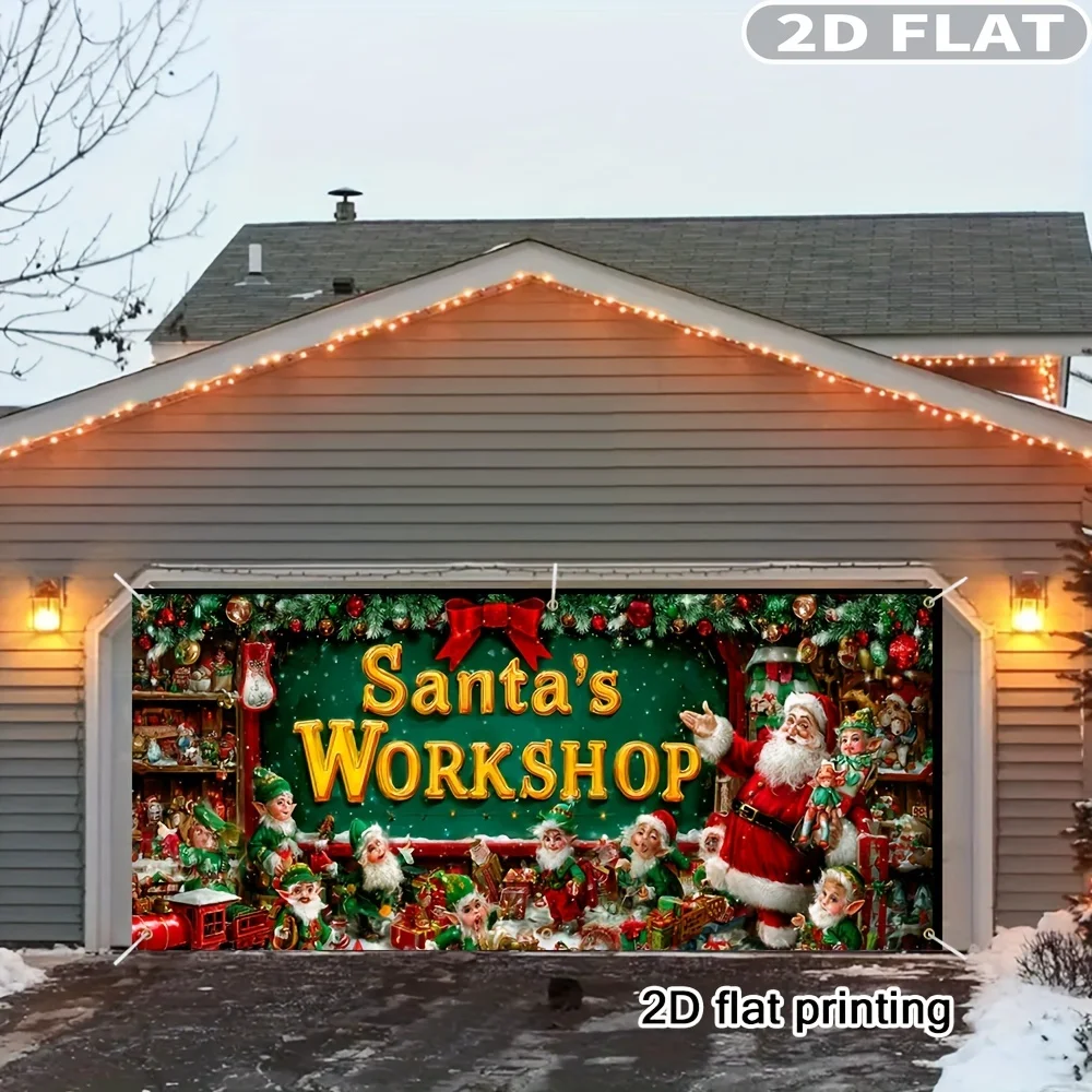

1pc Santa'S Workshop Design Photo Backdrop, Christmas Festive Backdrops & Banners, Garage Door Banner - Vibrant Outdoor Decor