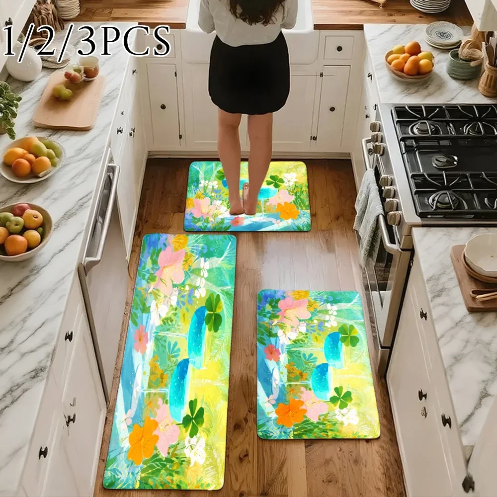 3PCS Kitchen Rugs,Home Decoration for Front Door, Kitchen, Bathroom, Floral Pattern With Bright Colors And Leaves Dining Mat