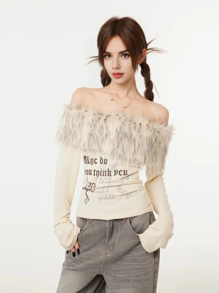 2024 Women Fall Sexy Off Shoulder FUR Collar Beige Shirts Monogram Letter Pattern Long Sleeve Tops Baddies Club Clothes