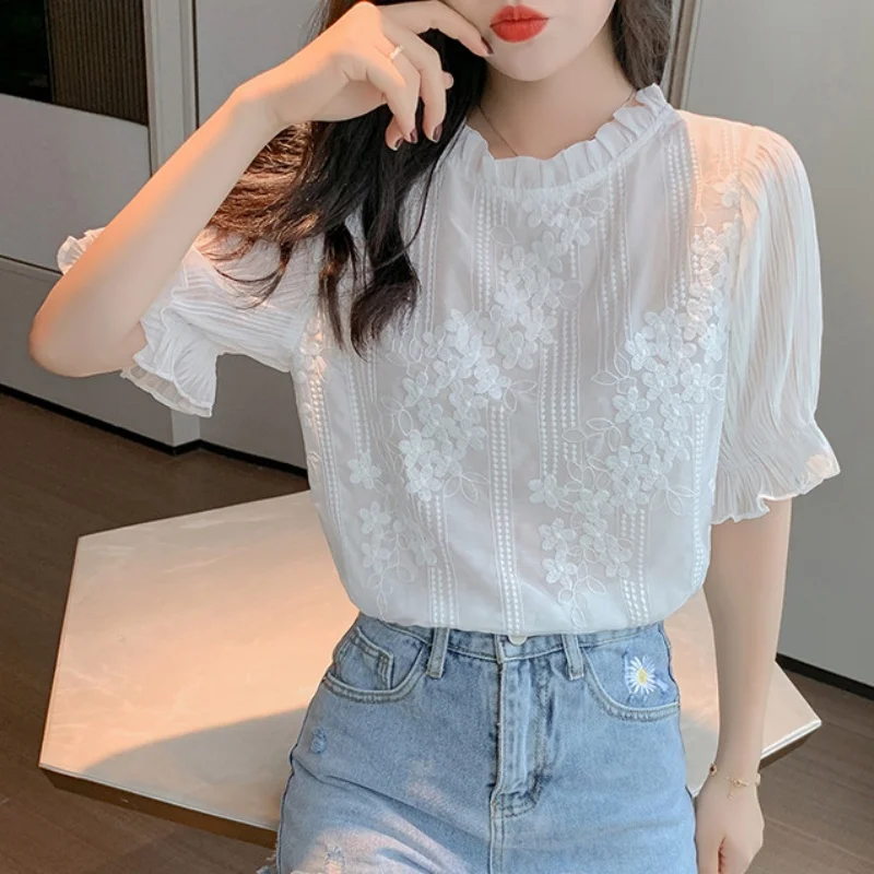 Summer Short Sleeve Embroidery Lace Chiffon Women Blouse Elegant Hollow Out Stand Collar White Tops Casual Shirt