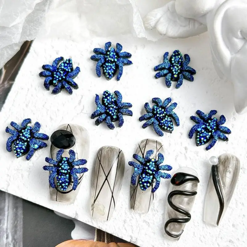 New Resin Deep Blue Spider Nail Art Decorations 3D Fine Glitter Spider Dark Style Nail Charms Accessories for Manicure DIY