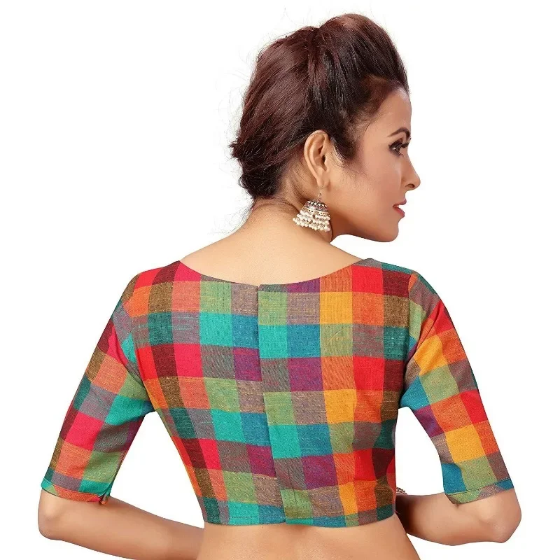 Women Cotton Checkered Short Sleeve Saree Blouse New Designer Ethnic Blouses