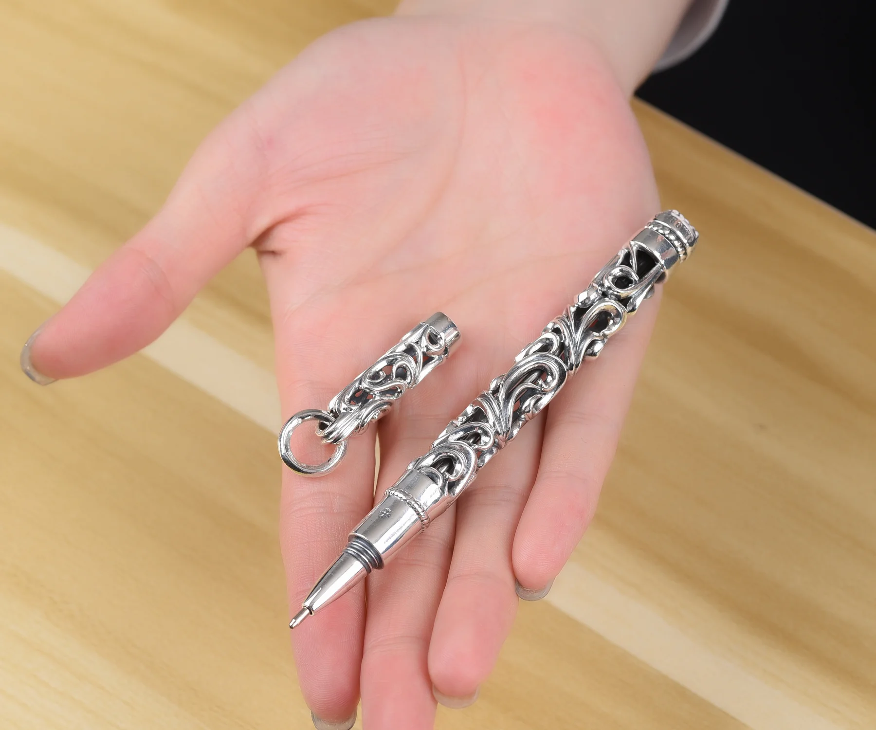 925 Sterling Silver Stationery Retro Hollowed Out Carved Ballpoint Pen Trendy Office Pen Signature Pen