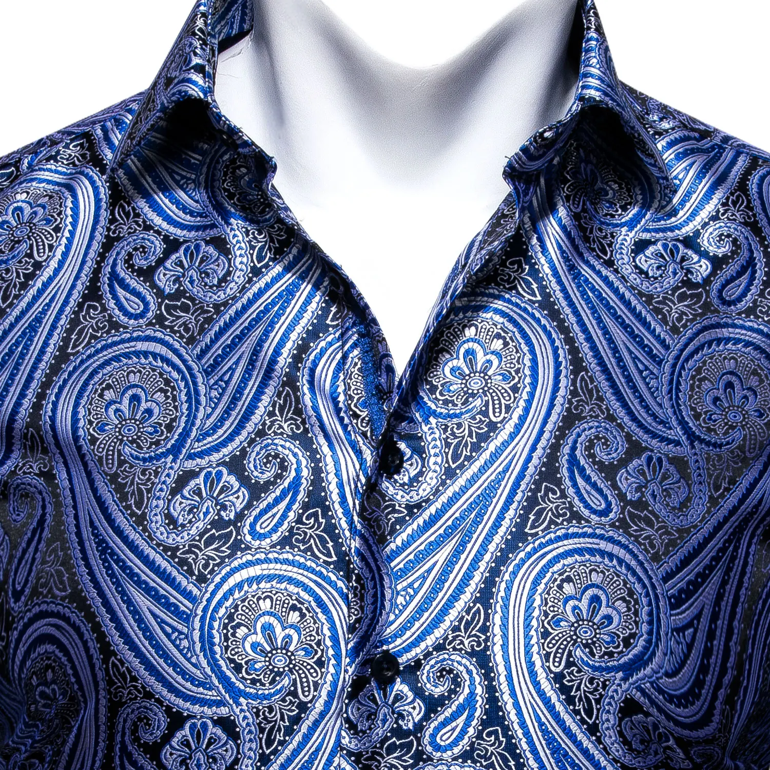 Barry.Wang Exquisite Blue Silk Paisley Men Shirt Four Seasons Lapel Long Sleeve Embroidered Leisure Fit Party Wedding CY-0413