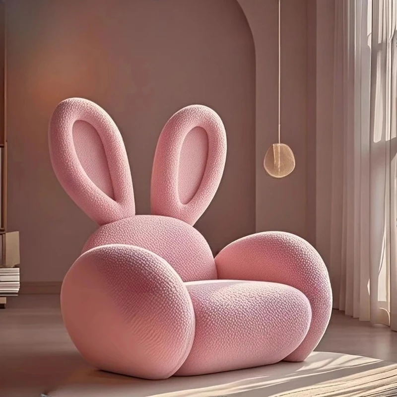 Sofá Individual de Tela con Diseño Creativo de Conejo Cream Wind para Sala de Estar, Sillón, Sofá de 1 Plaza en Blanco, Rosa y Gris, Sofá de Lujo