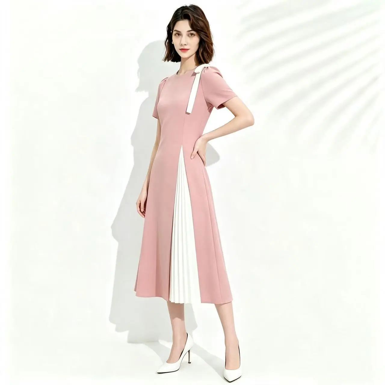 Color Block  Knot Pleated Skirt Dress Irregular Design Summer Collection Women's Fashion City Walk Three Quarter Sleeve