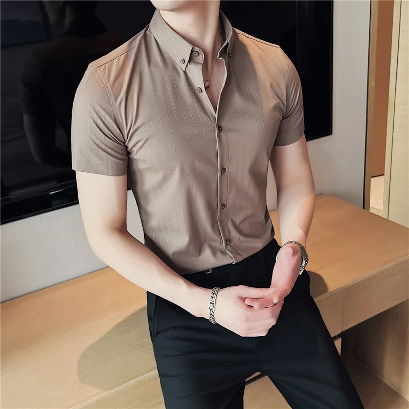 

2023 Summer Hipster Design Lapel Shirt for Men Casual Stripe Cotton Soft Slim Fit Short Sleeve Grey Black Tuxedo Shirts S-4XL