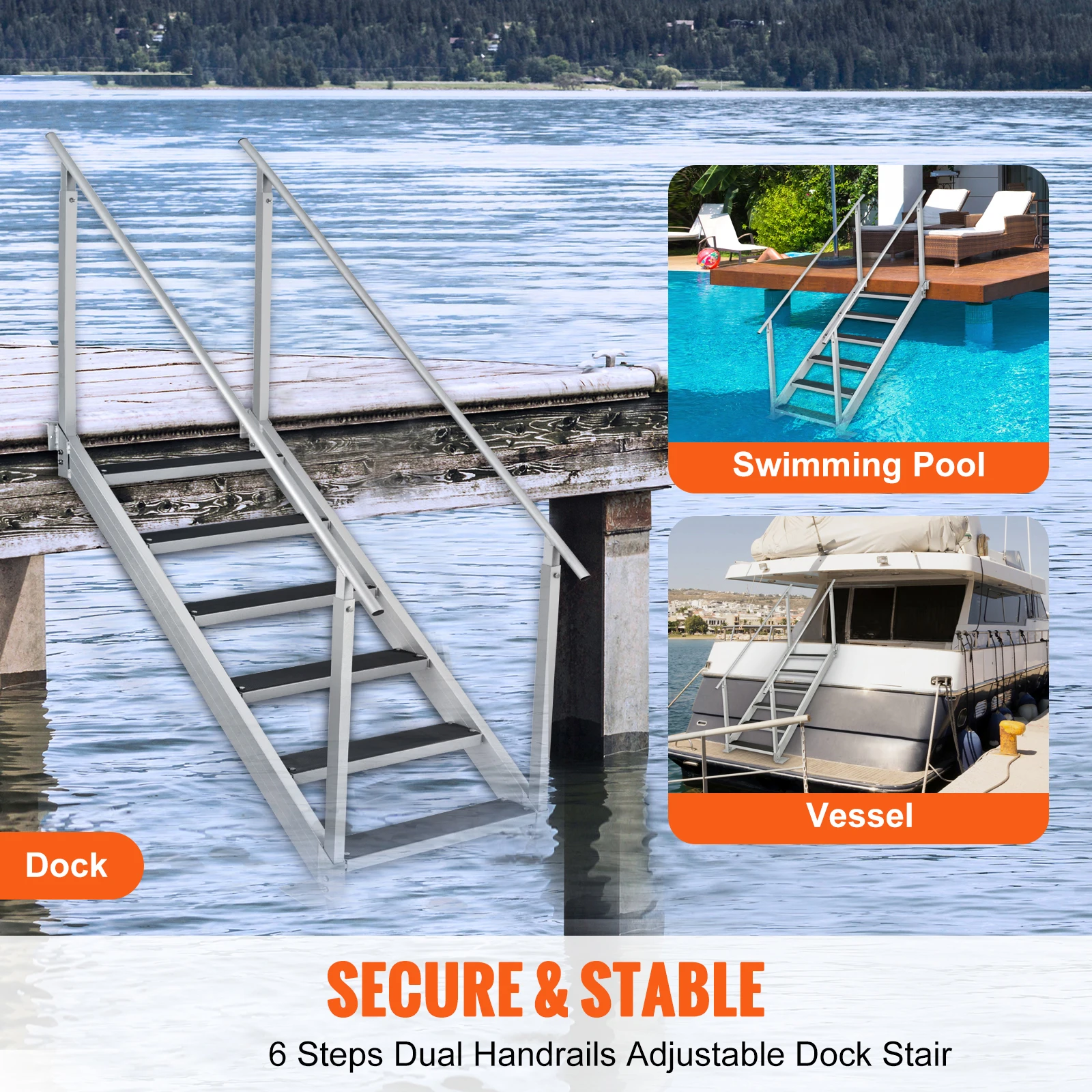 SucceBuy 4/6 Step Dual Handrails Dock Ladder Aluminum with Rubber Mat 30