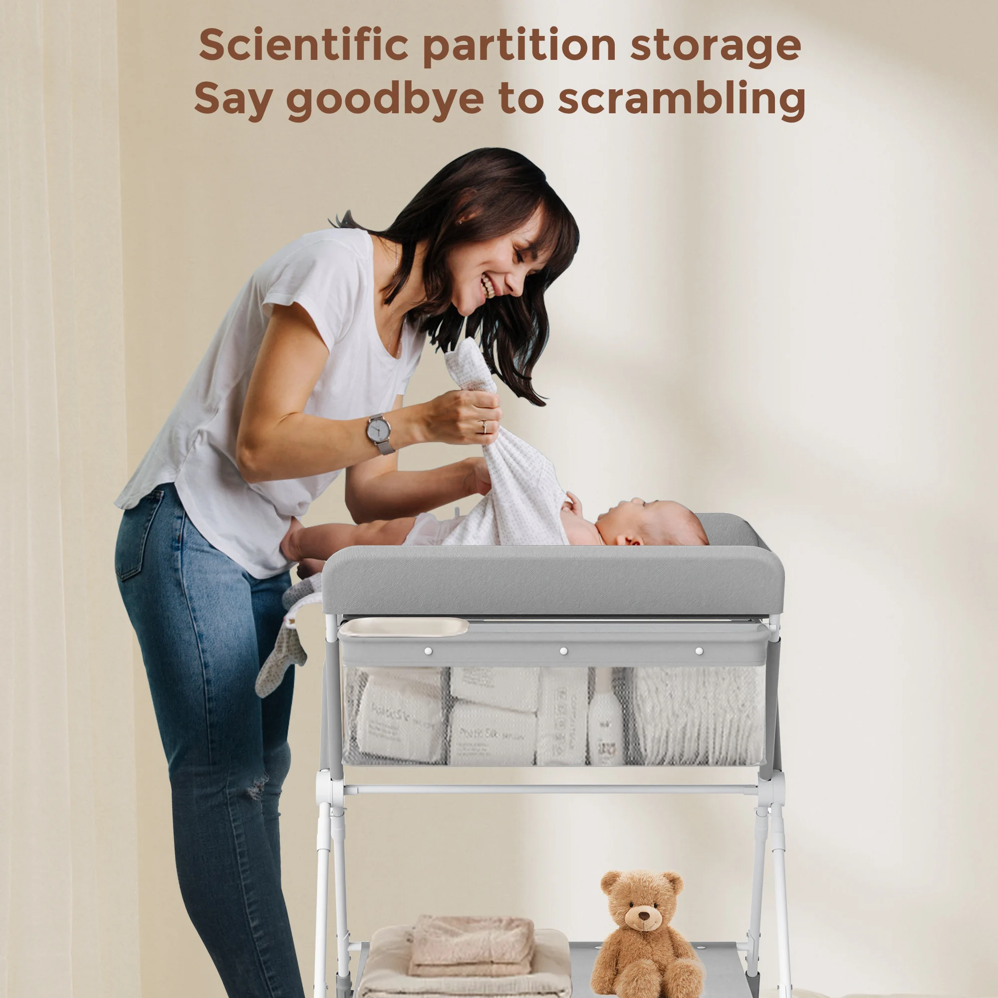 SEJOY Foldable Baby Changing With Wheels Table Portable Height Adjustable Diaper Care Station Mobile Infant Newborn Diaper Table
