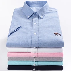 100% Pure Cotton Oxford Shirt For Men’s Short Sleeve Solid Stripe Leisure Embroidered Horse Social Business Formal Dress Shirts