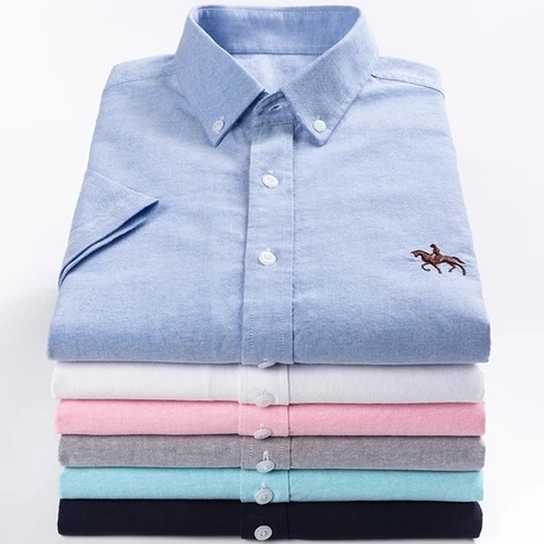 Camisa Oxford 100% de algodón puro para hombre, camisas de vestir formales de manga corta, a rayas sólidas, de ocio, con caballo bordado, para negocios sociales