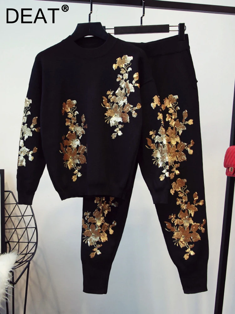 

DEAT Embroidery Flowers Design Two Piece Set For Women Round Neck Long Sleeve Knitwear Elastic Waist Pants 2024 Spring 11XX4935