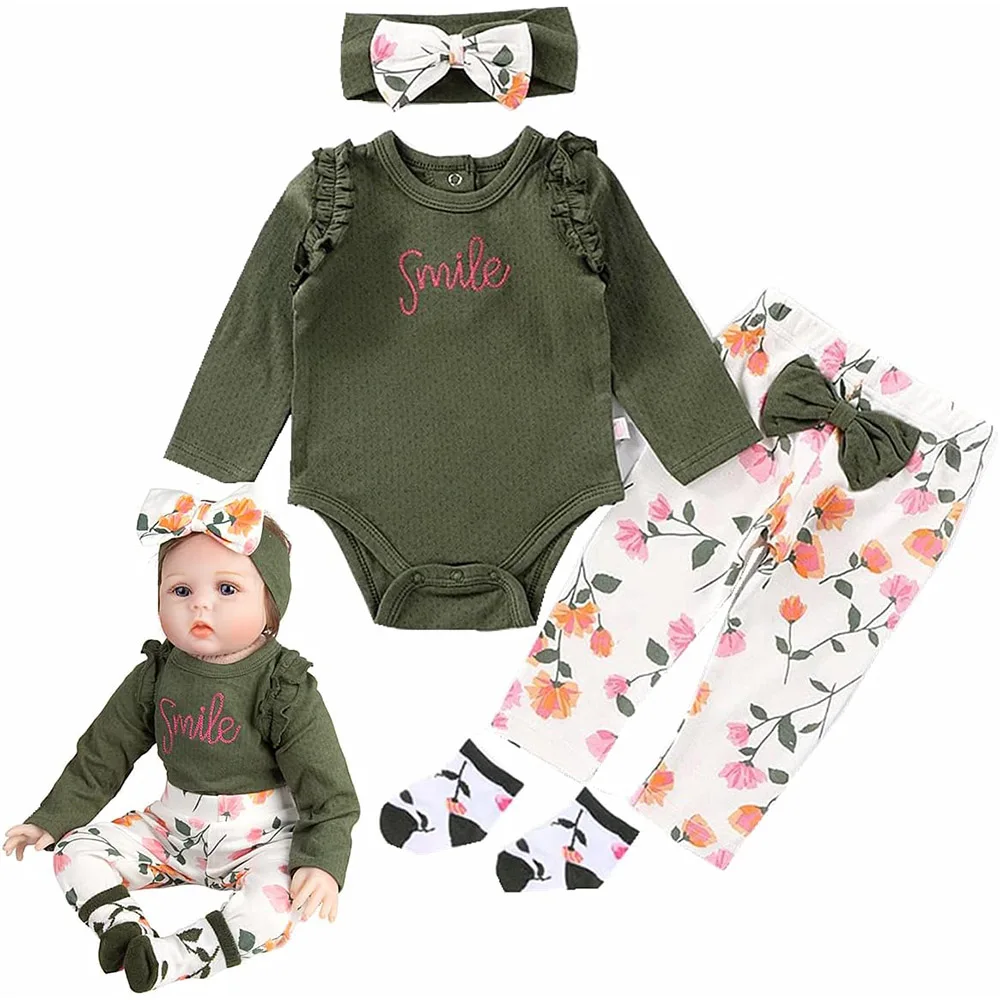 Ropa de muñecas Reborn, conjunto de 50-55cm, ropa bordada con flores, jerséis, peleles, traje, accesorios para muñecas recién nacidas, juguete para regalo