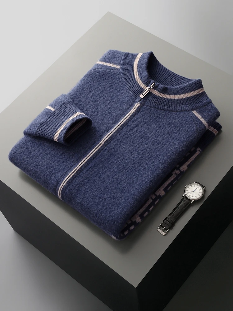 

Chic Jacquard Mock Neck Zipper Knitted Cardigan Men's Luxury 100% Cashmere Sweater Autumn Winter Thick Smart Casual Fashion Coat