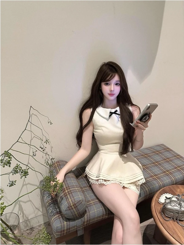 صيف جديد الحلو دمية طوق Svel عقدة أعلى الخصر Cinching التخسيس ort تنورة قطعتين مجموعة المرأة Faion #3