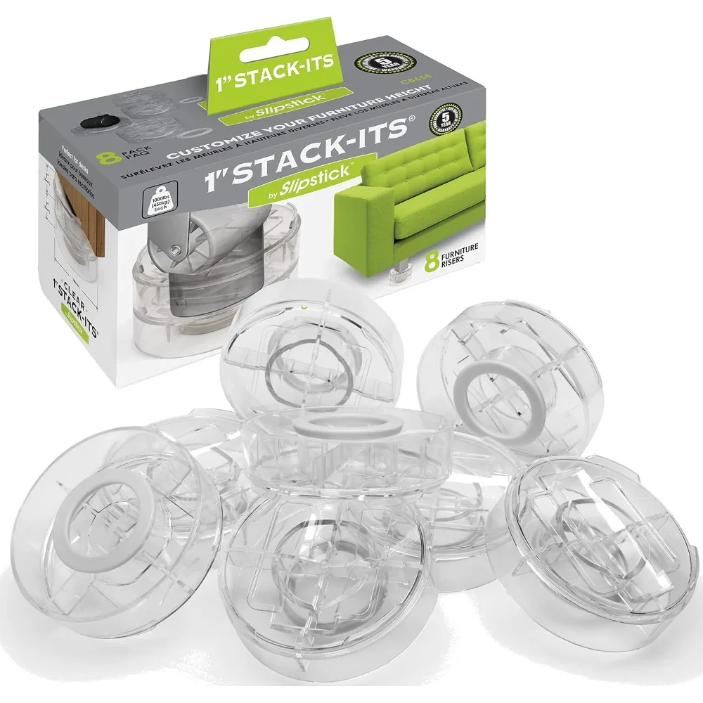 

1 Inch Adjustable Bed Risers/Furniture Risers (Set of 8) Lifts Height 1, 2, or 3 When Stacked - Clear