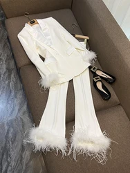 Feather Sleeve Pant Sets Blazer Pantsuits Two Pieces Set 2024 Spring Satin Collar Jacket Straight Pants Suits Outfits Women