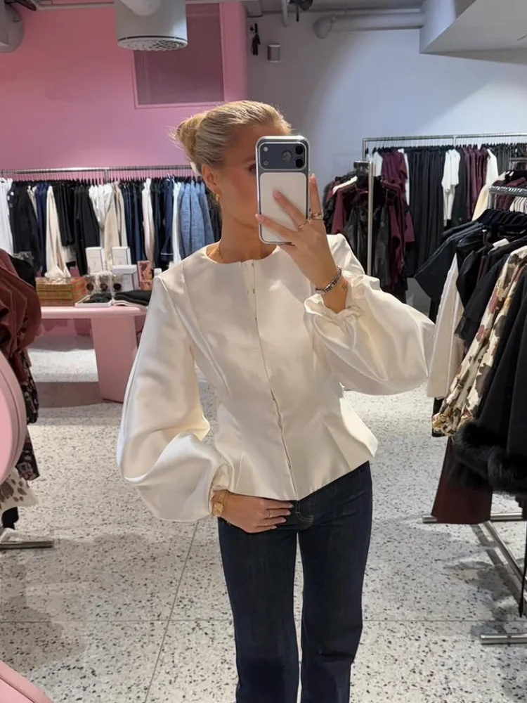 White Bubble Sleeve Shirt Elegant Women Casual Solid Full Sleeve Round Neck Loose Short Blouse Lady Daily Commute Office Shirts