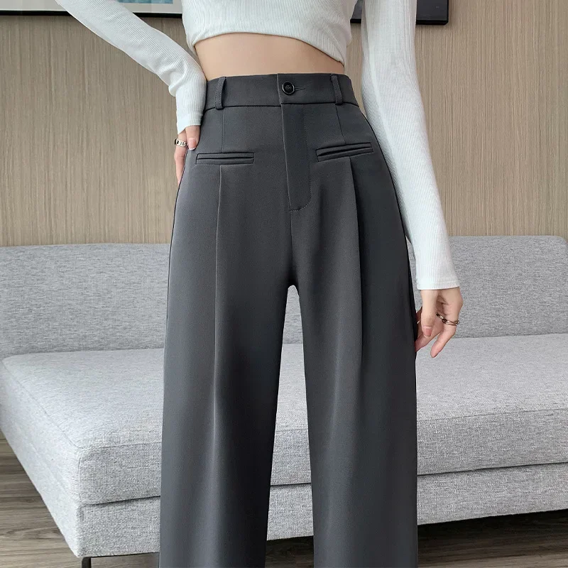 Calça feminina de cintura alta de perna larga, calça casual feminina de botões, moda coreana, solta, reta, primavera, outono, 2022