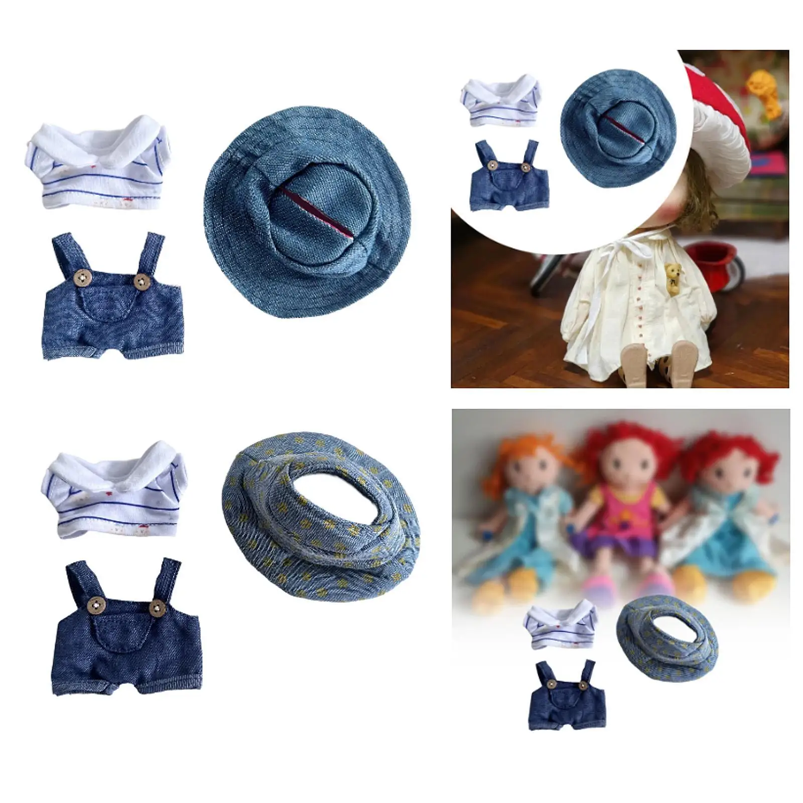 

Set of 3 Doll Outfits with Suspender Pants, T-Shirt, And Hat for 15-17cm Dolls