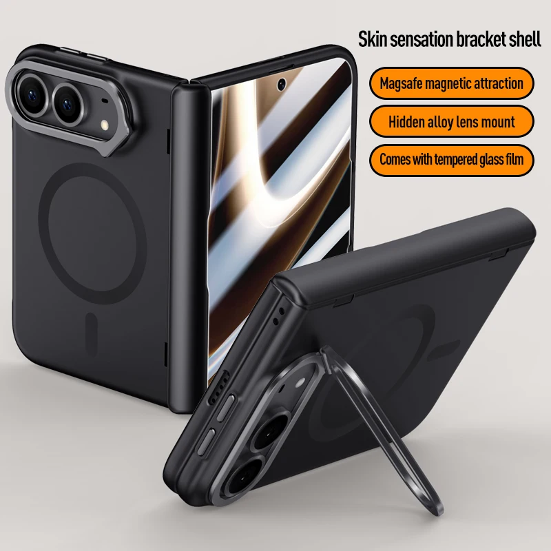 For Magsafe iPhone Ultra Case Ultra-Thin Matte Magnetic Wireless Charging Hinge With Tempered Film Lens Holder Shockproof Cover