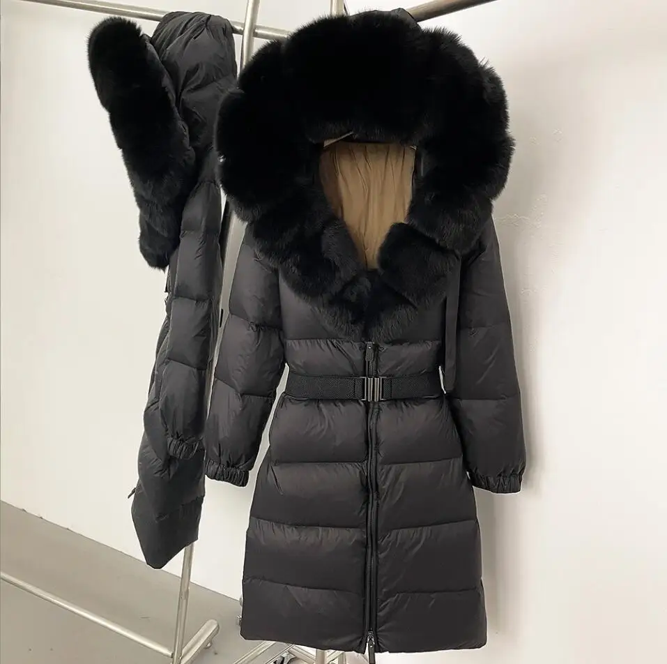 Delle nuove donne di Spessore Caldo 90% Piumino D'anatra Bianca Cappotto Lungo Giacca Invernale da Donna Reale Grande Pelliccia di Volpe Cintura Del Collo Allentato Piumino Parka