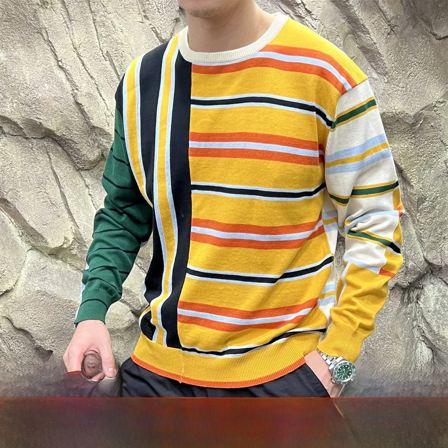 

Ретро трикотаж! Асимметричная полоска! Дышащая эластичность! Осенний пуловер Long Sve круглый Ne свитер