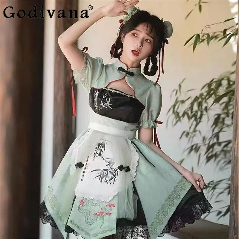 中国風要素ロリータドレスセット女性刺繍 Cos 古代スタイルドレス女の子夏半袖新しいコスプレドレス
