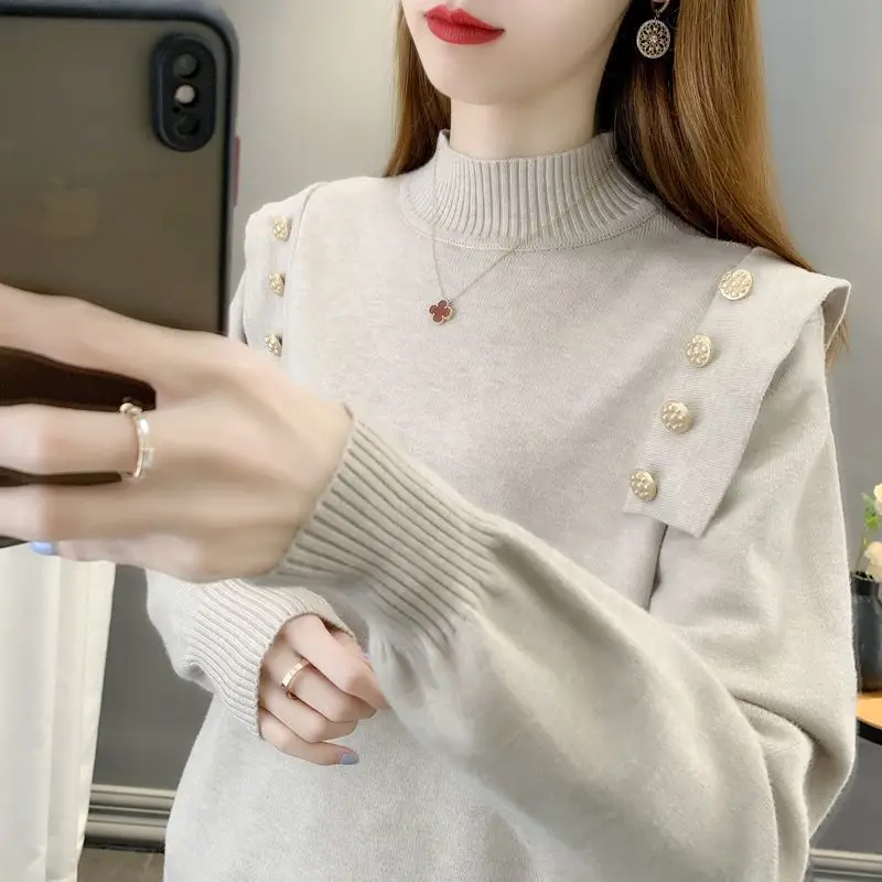 2023 Autumn and Winter Women's Solid Half High Collar Long Sleeve Loose Pullover Knitted Sweater Button Fashion Casual Tops