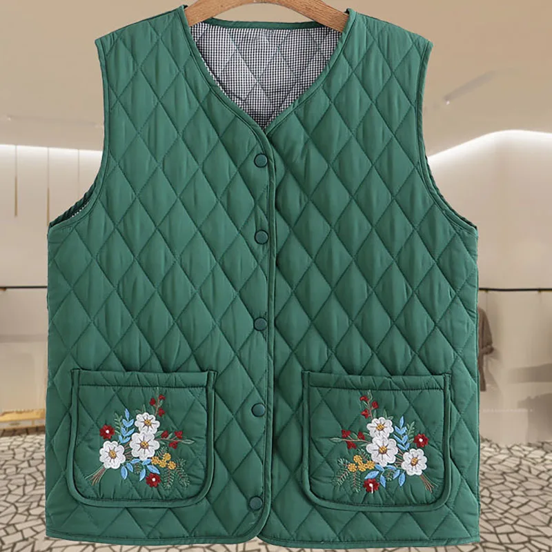 

Middle Aged Women Loose Thick Cotton Vest Diamond Plaid Embroidery Vintage Elegant Jacket Winter Lady Warm Sleeveless Short Coat