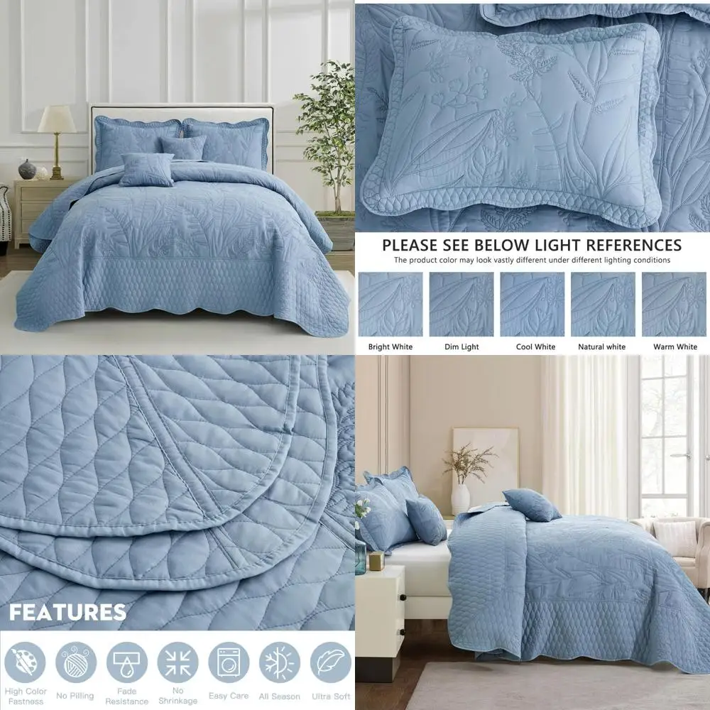 

Queen Size Oversized Botanical Leaves Quilt Set - Elegant Fresh Style Bedding Coverlet with Leaf Pattern Stitching