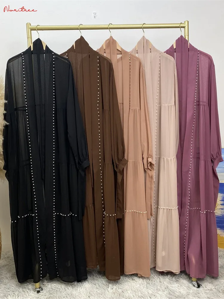 Ramadan Fashion Pearl Beading kimono Abaya Muslim Dress female big swing Chiffon Islamic Kaftan Robe Musulman Abaya wy1890