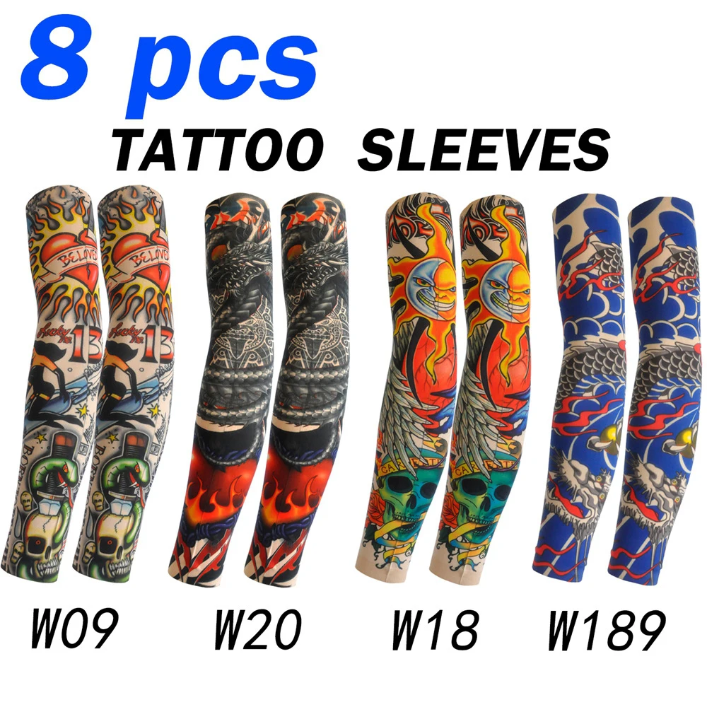 8 PCS Tattoo Sleeves Men Women Summer Anti-Sunburn Bars Elastic Outdoor Arm Cover Party Nightclub Cycling Golf Tattoo Sleeve
