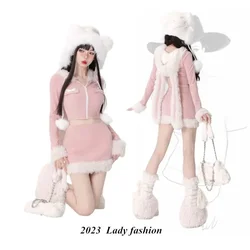 2023 Sweater Dresses Korean Two Piece Set Women Sweet Cute Mini Dress Suit Rabbit Ear Long Sleeve Coat+short Skirt