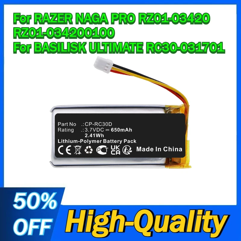 

Replacement Mouse 3.7V 650mAh CP-RC30D Battery For RAZER NAGA PRO RZ01-03420 RZ01-034200100 For BASILISK ULTIMATE RC30-031701