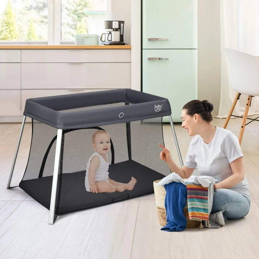 Baby Foldable Travel Crib 2 in 1 Portable Playpen with Soft Washable Mattress Side Zipper Design Lightweight InstallationFree H