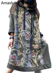 Amax luluE Autumn 2024 Vintage Printed Hooded Dress Women Casual Loose Vestidos Female Harajuku Floral Punk Fitness Long Clothes