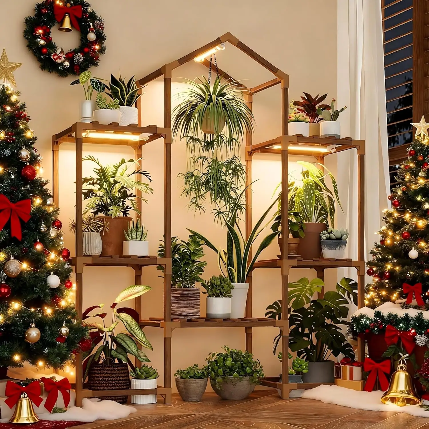 

Wood Plant Shelf with Grow Lights for Indoor Hanging Planter Pots Display, Living Room Patio Garden Decor