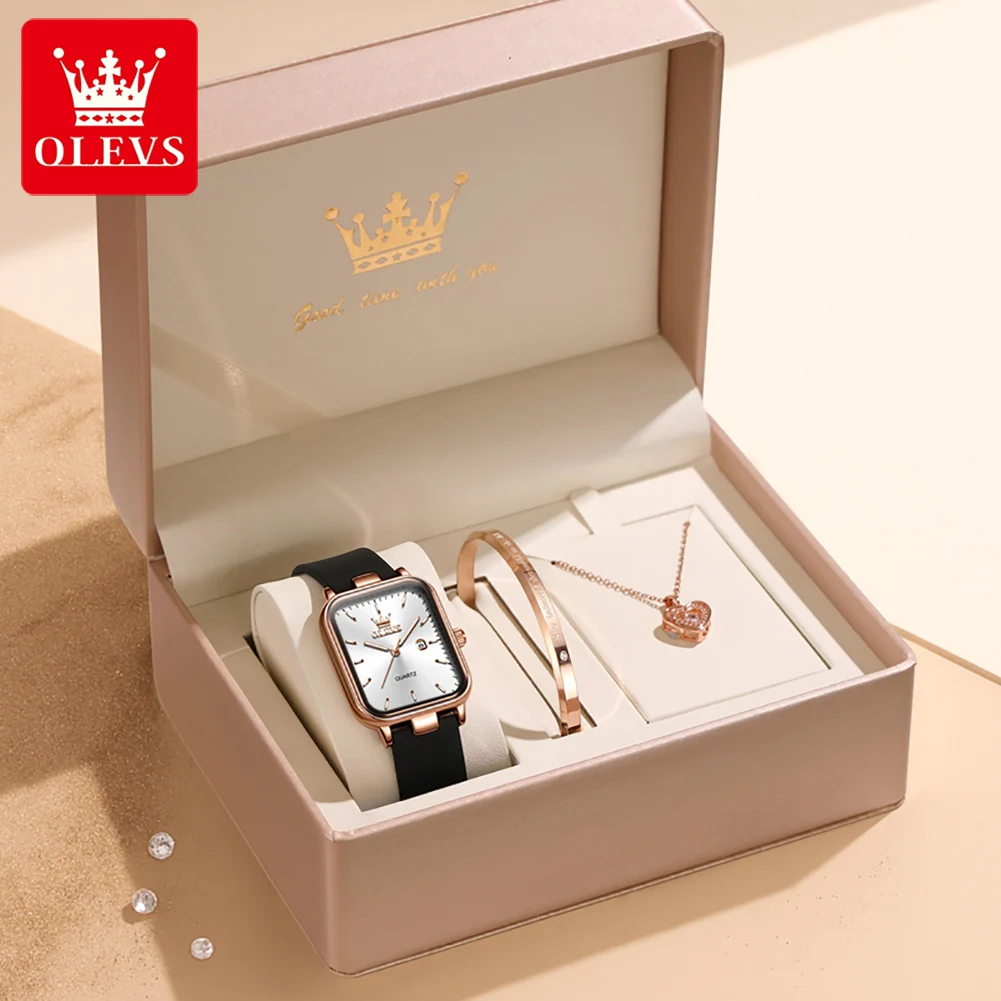 OLEVS 7089 Watch Woman Square Quartz Wristwatch Rubber Strap Waterproof Date Watches For Woman Original Elegant Set Gift Box