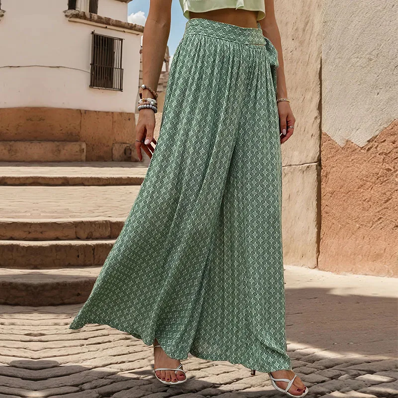 

Streetwear High Waisted Lace Up Ankle-Length Pants Women Spring Summer Loose Wide Leg Pants Women Printing Lace Up Long Trousers