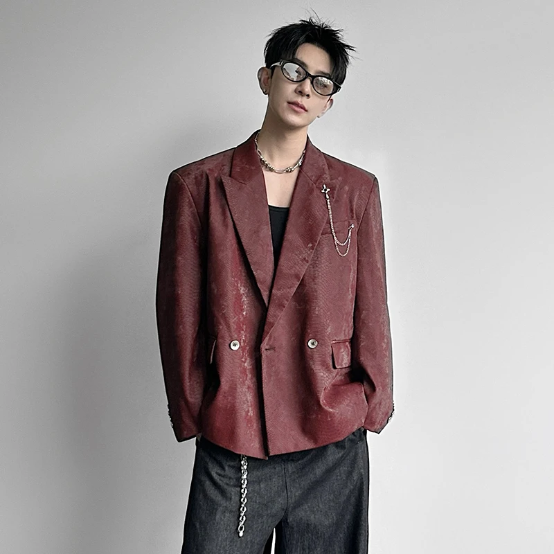 WTHT Fashion Men's Spliced Metal Chain Leather Blazer Coats Trendy Solid Collar Single Buckle Jackets Male 2026 Summer 2A3020