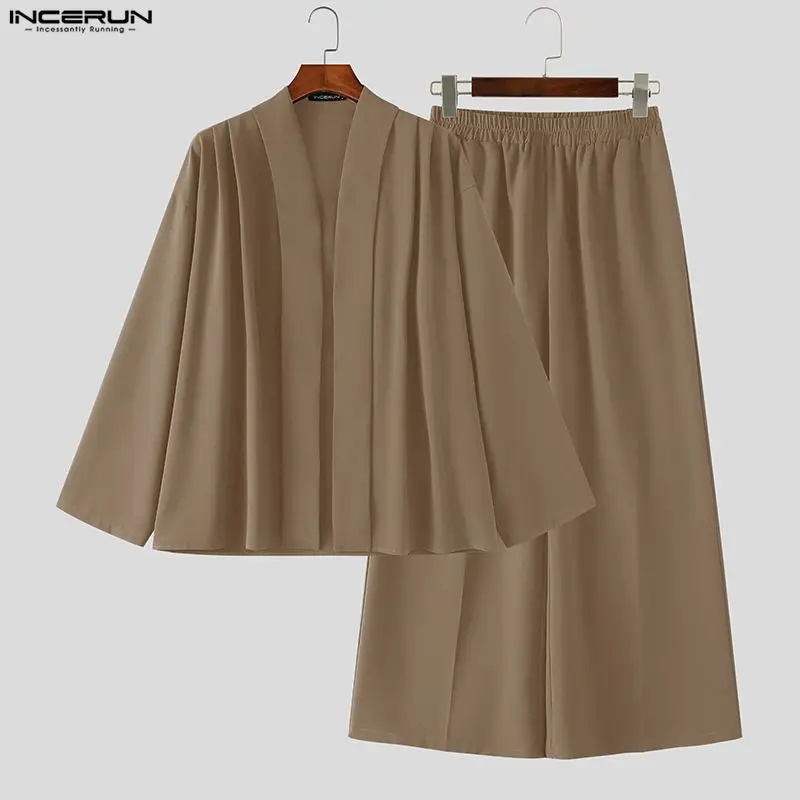 INCERUN Men's Sets Solid Loose Vintage Tracksuits Long Sleeve Shirt Pants Two Piece Sets Streetwear Casual Men Matching Sets