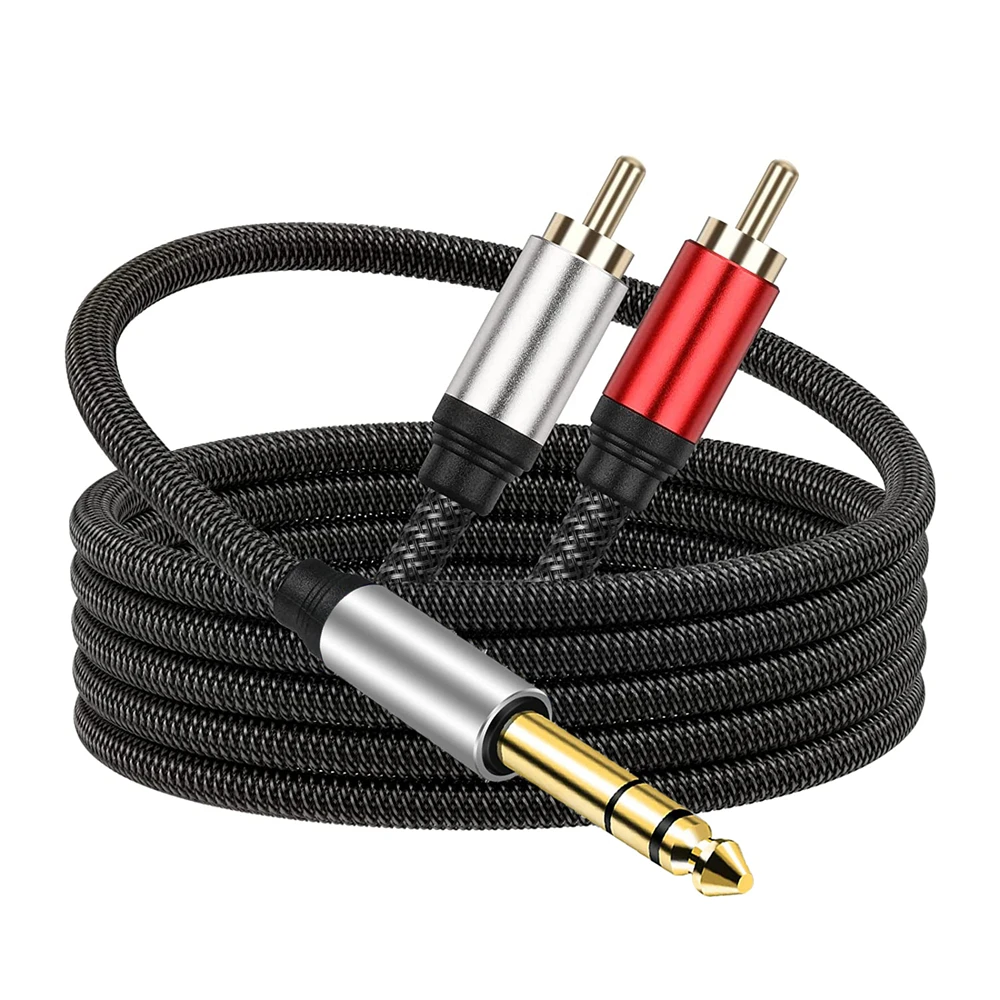 Pozłacana Cal 1/4 do podwójnej wkładki RCA złącze kabla Audio 6.35mm męskie gniazdo TRS do 2 RCA Stereo kabel rozgałęziający