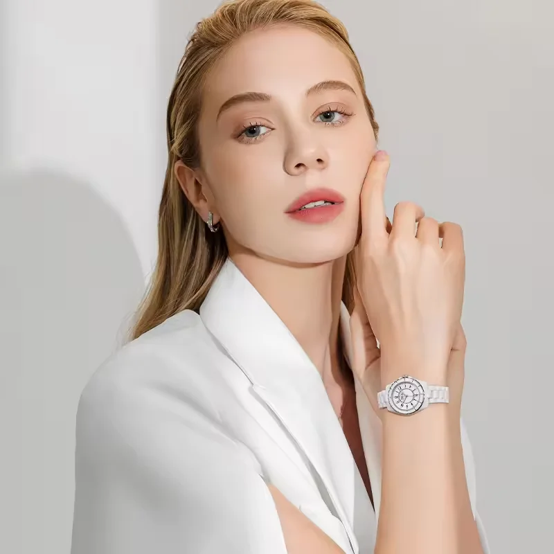 Reloj de pulsera de cuarzo de cerámica de lujo Mark Fairwhale para mujer, reloj de vestir blanco, regalo de moda para mujer, nuevo estilo 2025