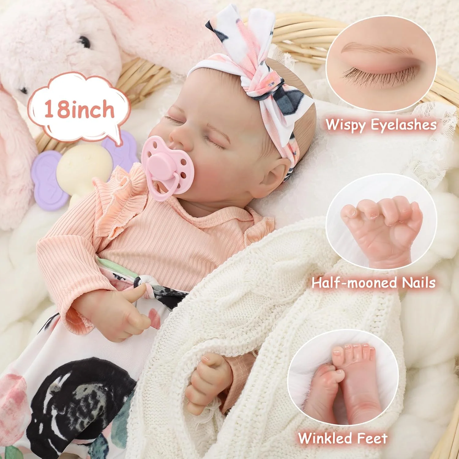 Muñeca Reborn de vinilo de edición rara de 18 pulgadas |   Traje naranja |   Lindo estado durmiente |   Chupar el dedo posable |   Características realistas