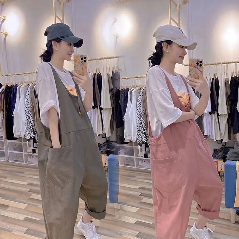 

Simple Women Sleeveless Long Pants Romper Summer Thin Cotton Pocket Playsuits Casual Multi Color V-neck Suspenders Jumpsuit