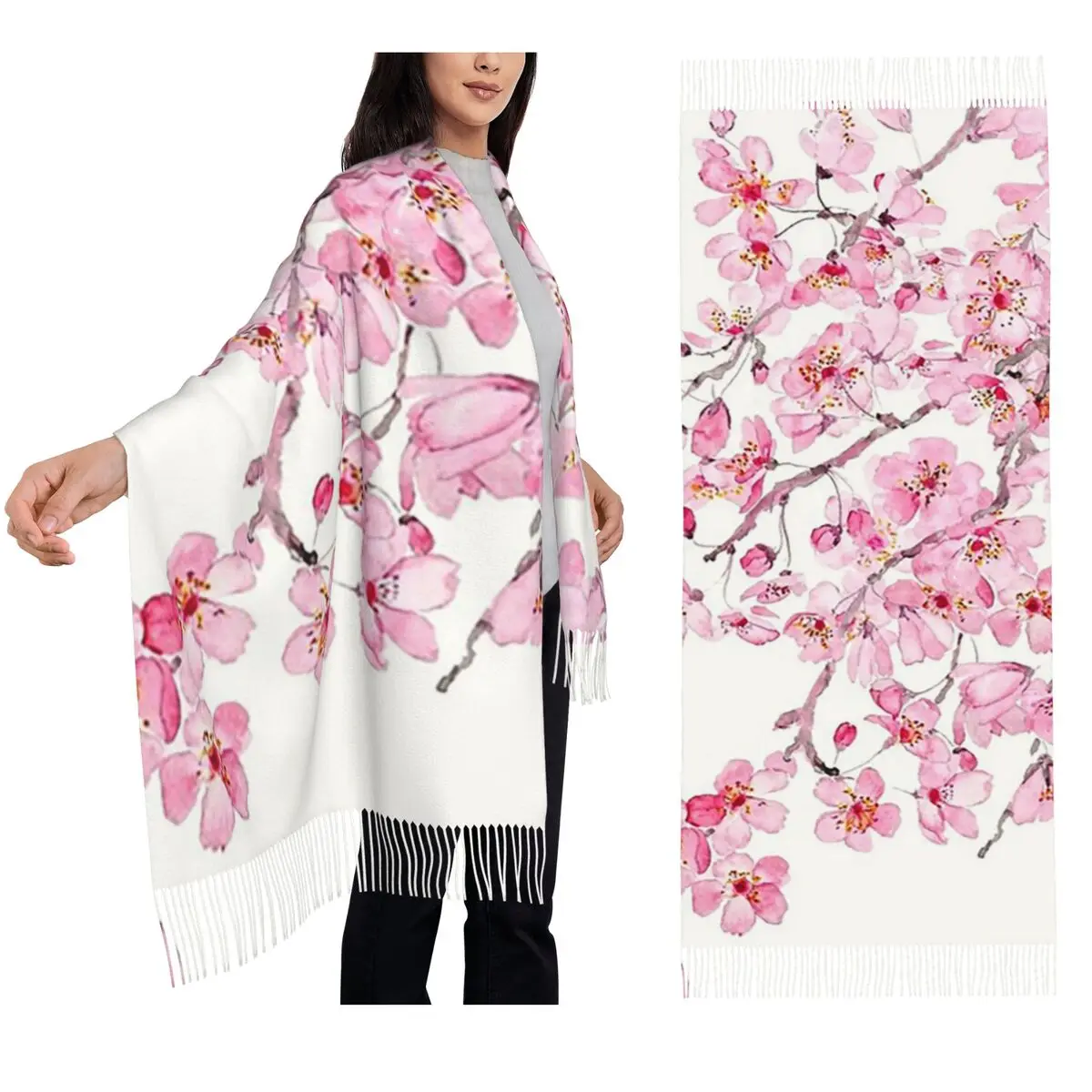 

Ручная роспись, ручная роспись, розовый акварельный шарф с вишневым цветом, шарфы с кисточками, шали и накидки, большая осенне-зимняя шаль