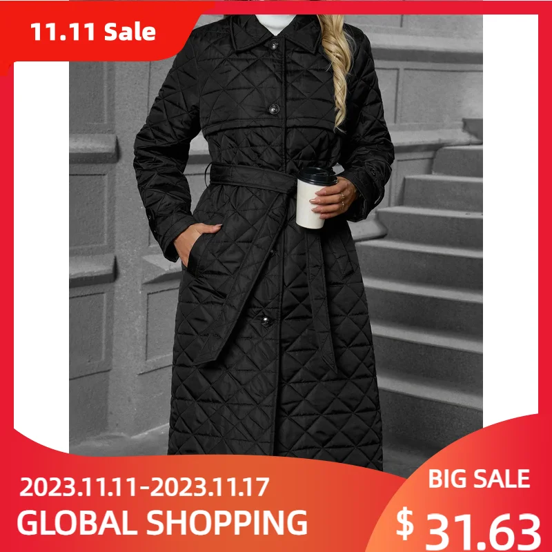 Warm Coat for Women Thick Loose Slim Jackets Women Fashion Solid Pocket Coats Elegant Tie Belt Long Cotton Jackets Female Ladies