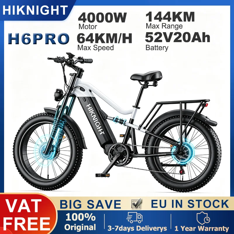 Image of HIKNIGHT 64 km/h Höchstgeschwindigkeit Elektrofahrrad 4000W Motor 52V20Ah Batterie 144 km Reichweite 24x4 Zoll Fat Tire Mountain City H6PRO Elektrofahrrad